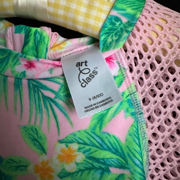 Art Class, Pink and green tropical pattern short sleeve swim suit, size 6 - Picture 3 of 4